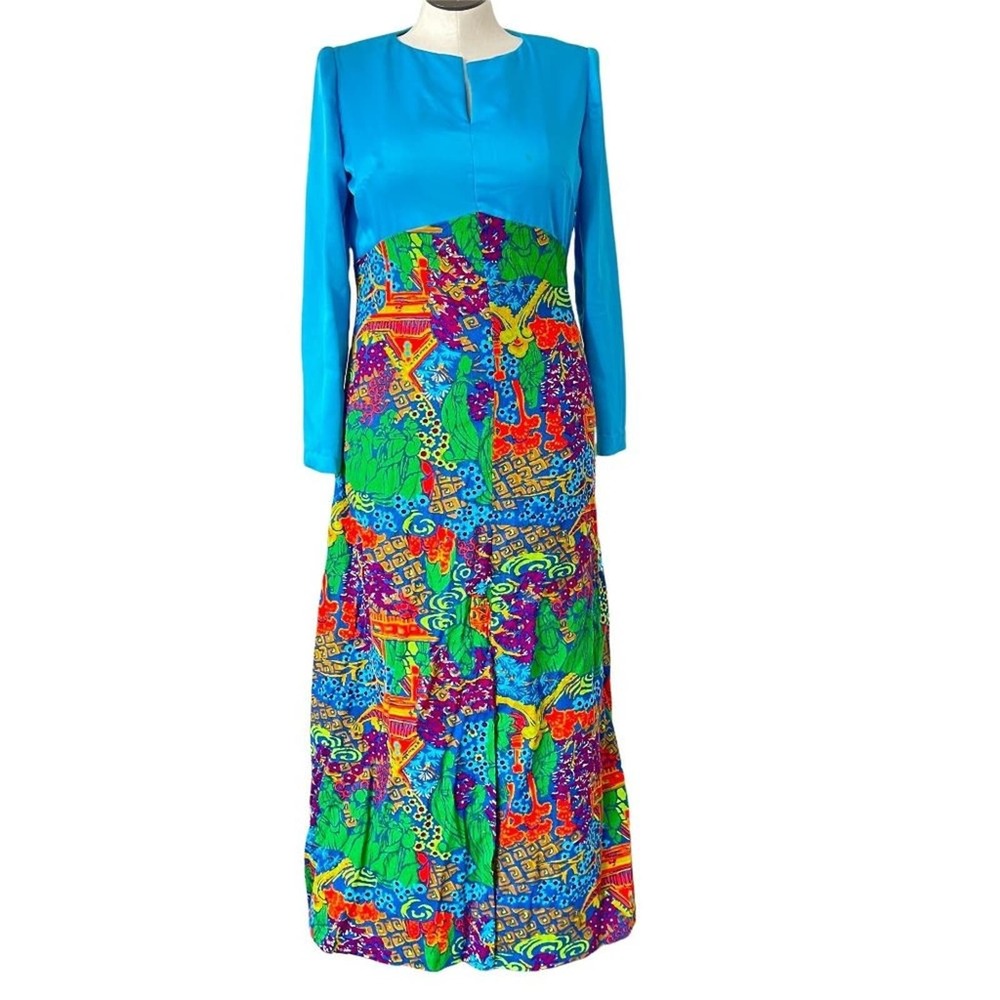 Dress Long Sleeve Barkcloth Turquoise Colorful Maxi V Neck Handmade VTG Sz 14
